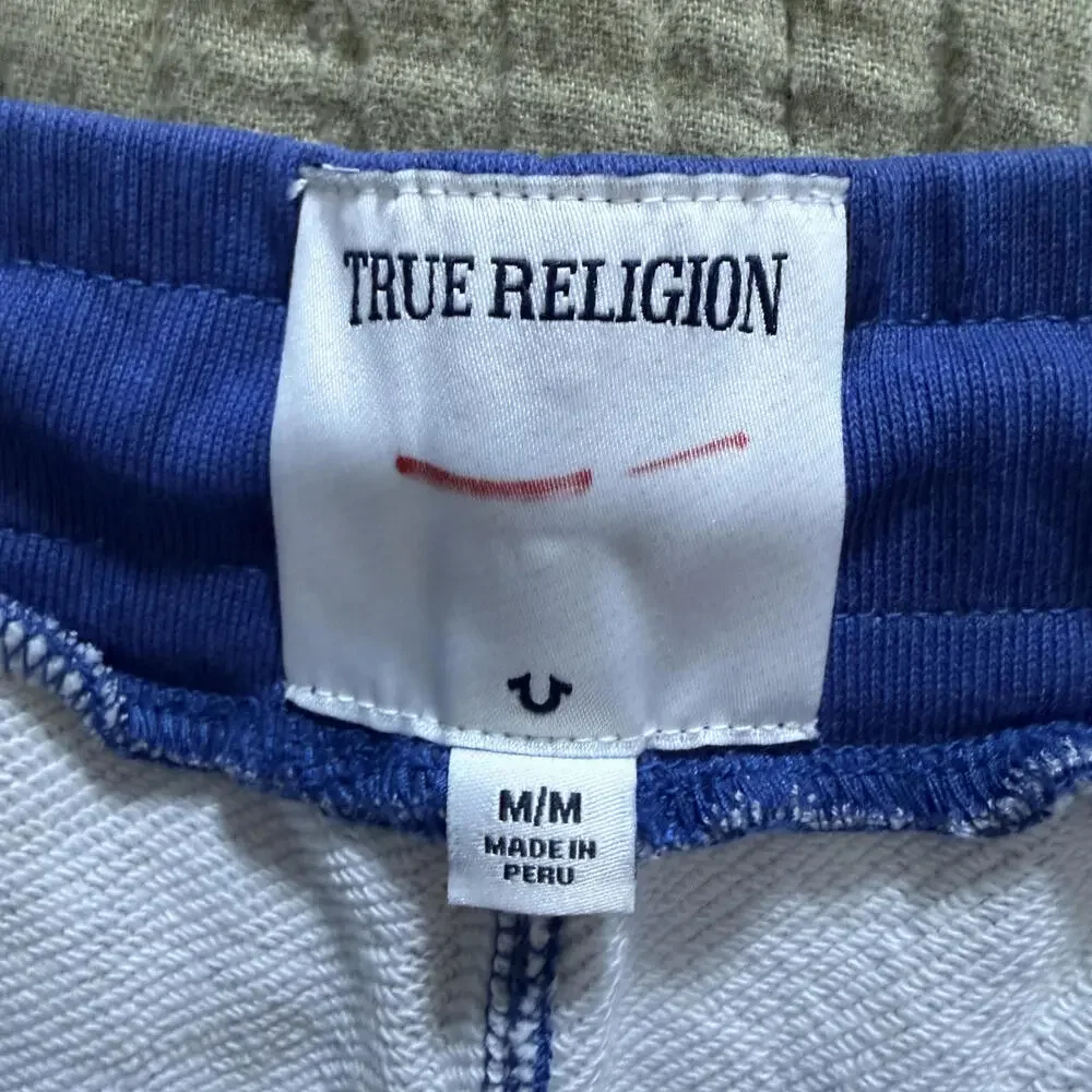 TRUE RELIGIONS‎ Mens SZ M Long Blue Logo'd Sweat Shorts 100% Cotton. Street Wear
